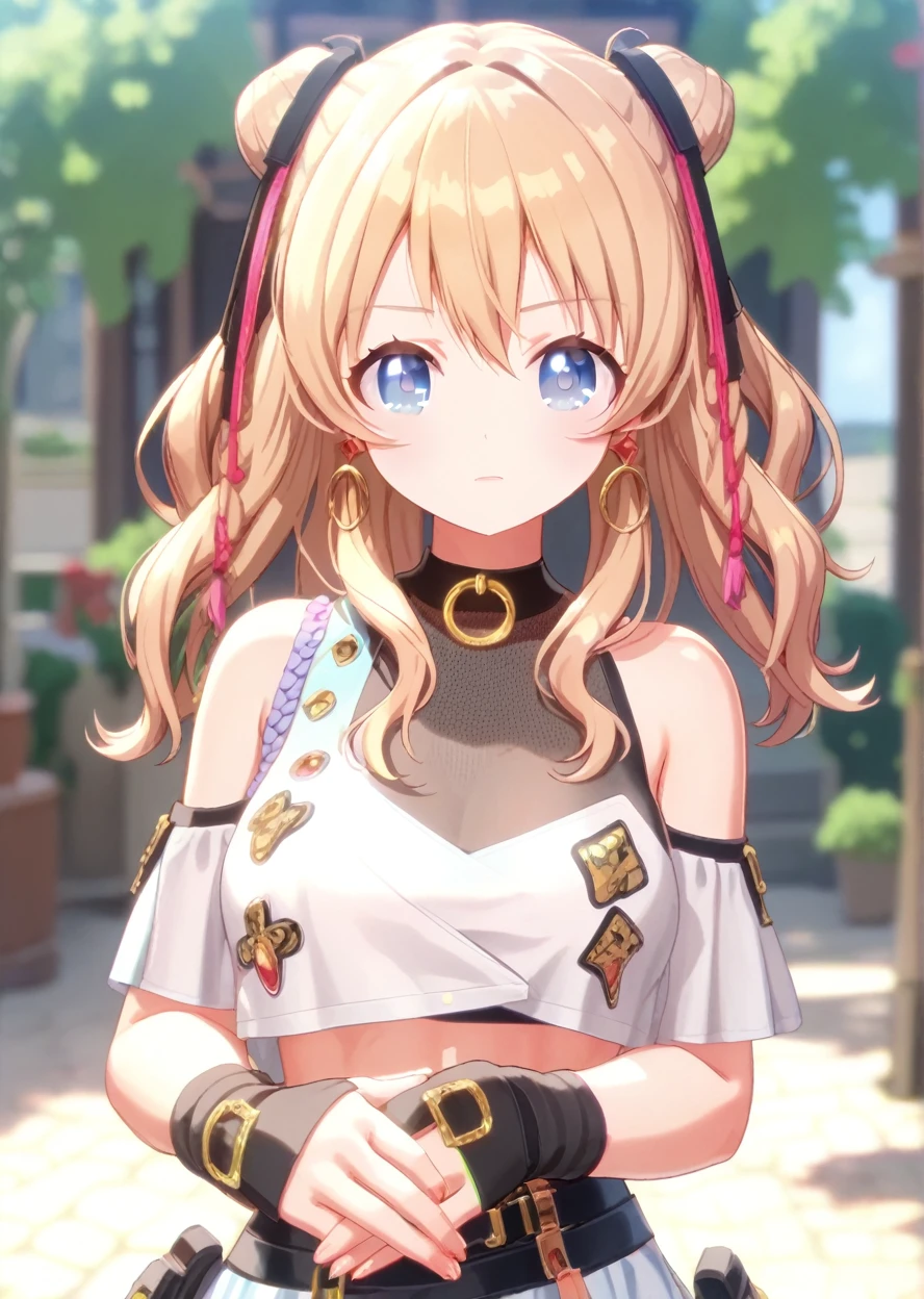 1girl, solo, asagao, long hair, breasts, bangs, blonde hair, large breasts, hair between eyes, bare shoulders, twintails, 