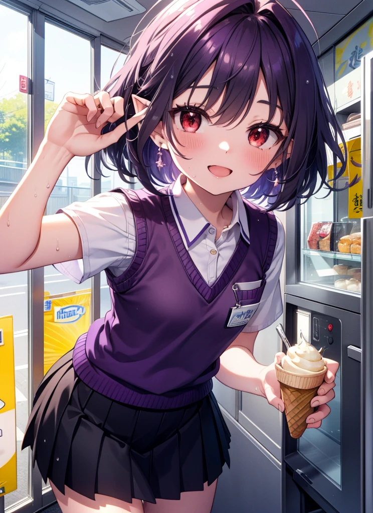 yuukikonno, Yuki Konno, hair band, Long Hair, Pointy Ears, Purple Hair,Ahoge, Sweat,happy smile, smile, Open your mouth,(Red eyes:1.5), (Small breasts:1.2), ,Holding ice cream in one hand,whole bodyがイラストに入るように,Sweat,Wet clothes, White shirt, Short sleeve, Pleated skirt, Collared shirt, mini skirt, 弓tie, White knee-high socks,Brown loafers , Black Skirt, green 弓,  (purple sweater vest:1.5),
break looking at viewer, whole body,
break outdoors,convenience store,
break (masterpiece:1.2), Highest quality, High resolution, unity 8k wallpaper, (shape:0.8), (Beautiful details:1.6), Highly detailed face, Perfect lighting, Extremely detailed CG, (Perfect hands, Perfect Anatomy),