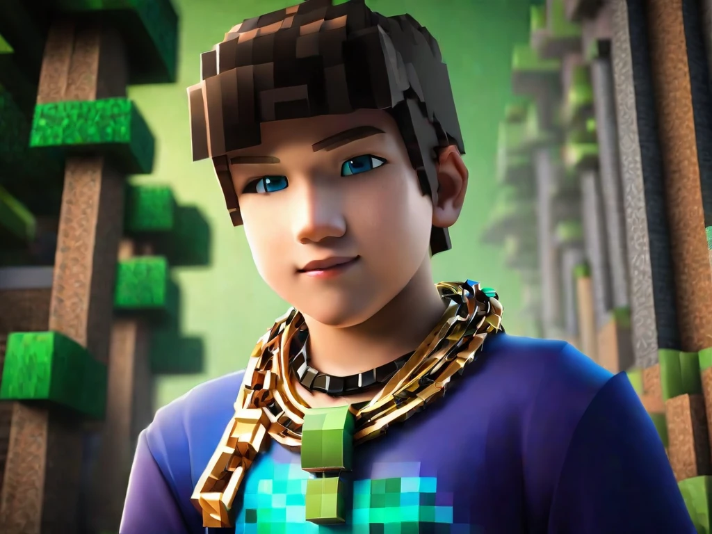 a young boy in minecraft, posing for a photo, pixelated, metal necklace, minecraft rendering, pixelated rendering, minecraft style, minecraft rendered background, detailed, high quality, photorealistic, 8k, intricate details, volumetric lighting, dynamic composition, cinematic lighting, dramatic shadows