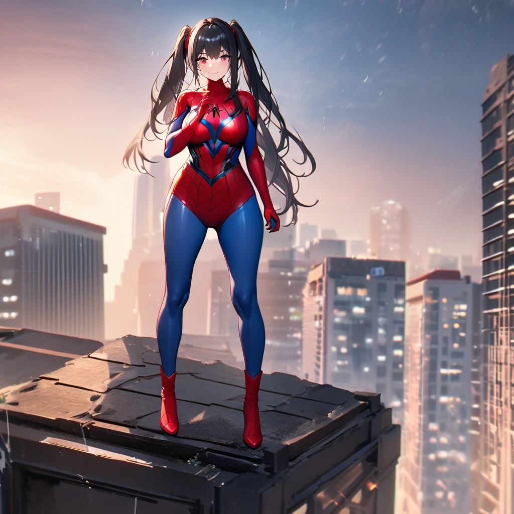 A woman wearing a traditional red spiderman costume with blue leg parts, black hair, no mask, long hair, pigtails, burgundy eyes, big breasts, spider web in her hands, on top of a building, in a big city, smiling, standing posture.,UHD , prime work , accurate , anatomically correct , textured skin , super details , high quality , best quality, 8k, high resolution, bokeh effect. (woman alone)
