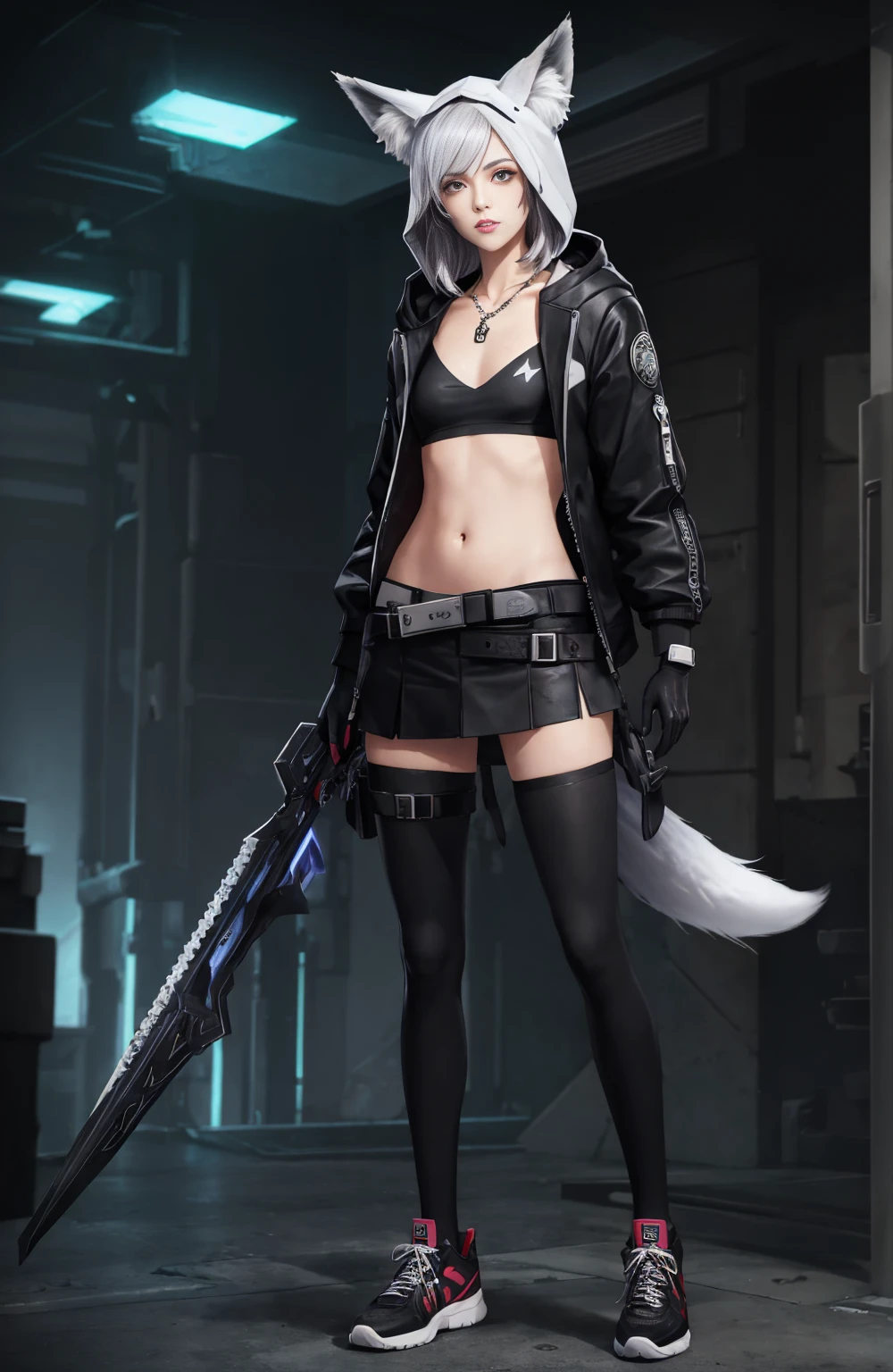 Oh, league of legend, sexy for, wallpapers, detailed eyes, fox ear, (fox tails), a skirt, (long pink fur), medium breasts, Looking at_It is shown in_Looking atl espectador, short_Hair, gloves, belly button, fail, Blue_there are eyes, Eternal, full_body, weapon, Footwear, Necklaces, _gloves, pulp, hooded, Hair_overcome_Yoon_there are eyes, cultivator_above, Hoodie, _pants, sneakers, cut_Jacket, cyber punk character, cut_Hoodie
