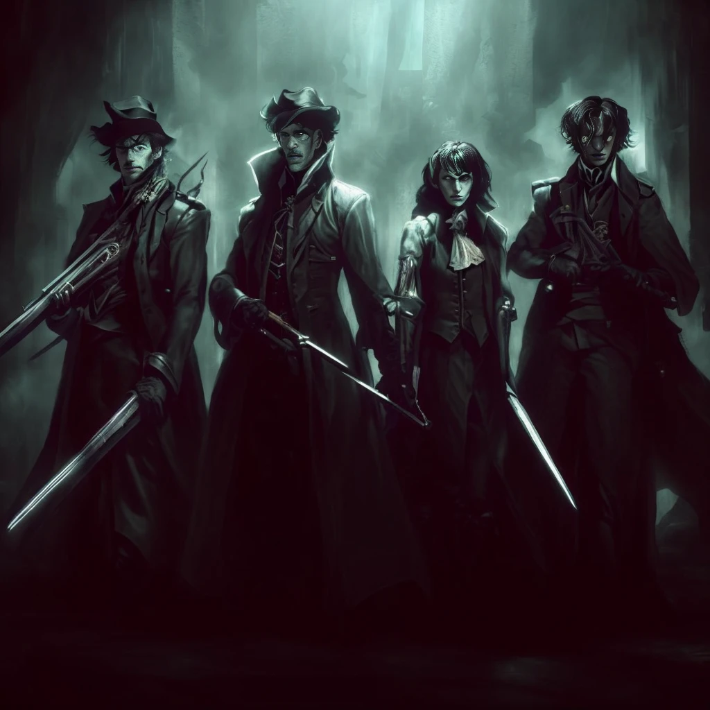 Three men in black coats holding guns and standing in a dark room, bloodborne style, dark concept art, inspired victorian sci - fi, dark, ArtsLabcoats, dark high-contrast concept art, official fanart, dark fantasy style art, vampire hunter d, Harry Potter em Cyberpunk, roleplaying game art, anime vampires, darker dungeon style, dark academia