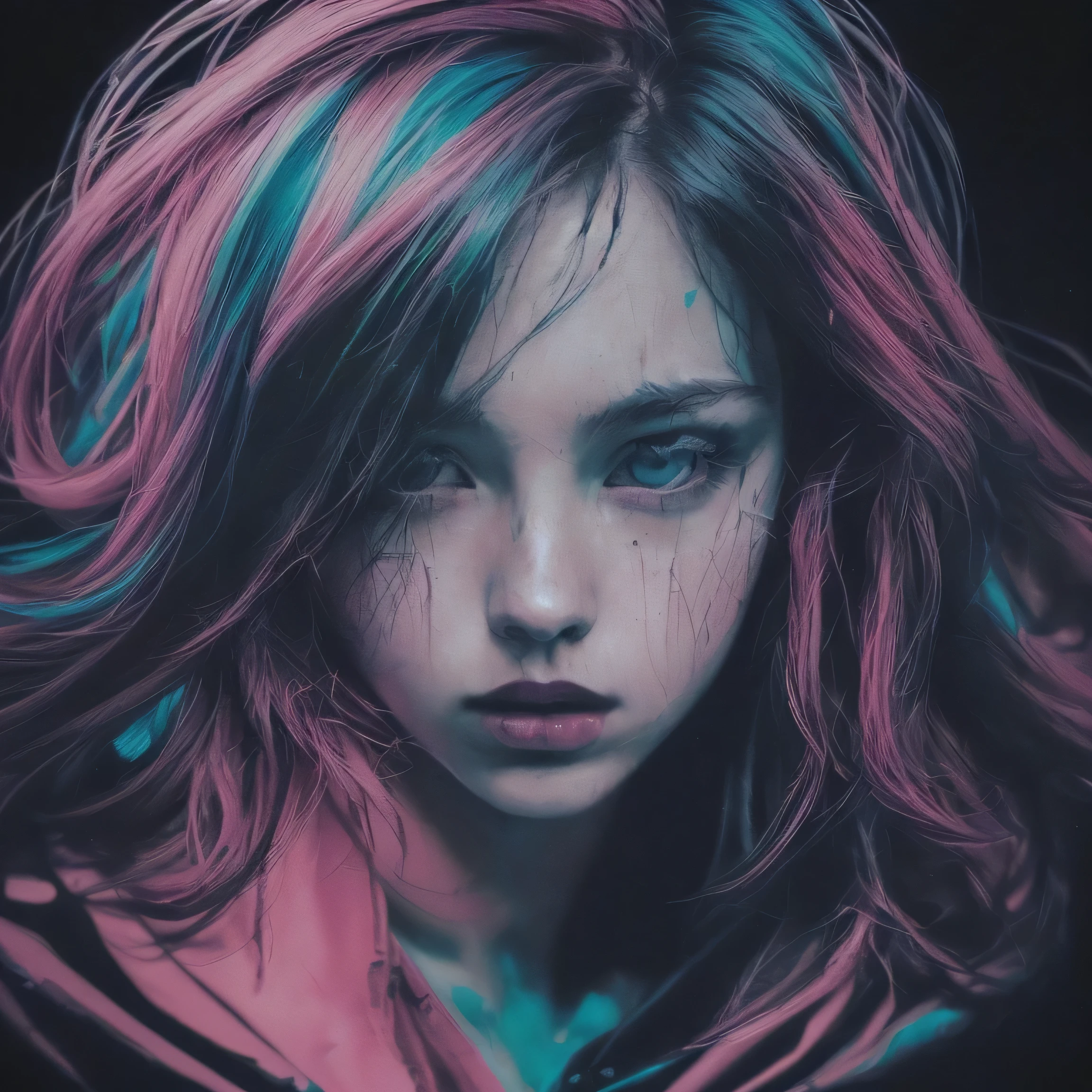 (front focus),(in the dark:1.6),, (masterpiece, top quality, best, official art, beautiful and aesthetic:1.2),(masterpiece, top quality, best quality, official art, beautiful and aesthetic:1.2),(masterpiece, top quality, best quality, official art, beautiful and aesthetic:1.2), 1girl, ,colorful noise, visual chaos,contemporary aesthetics