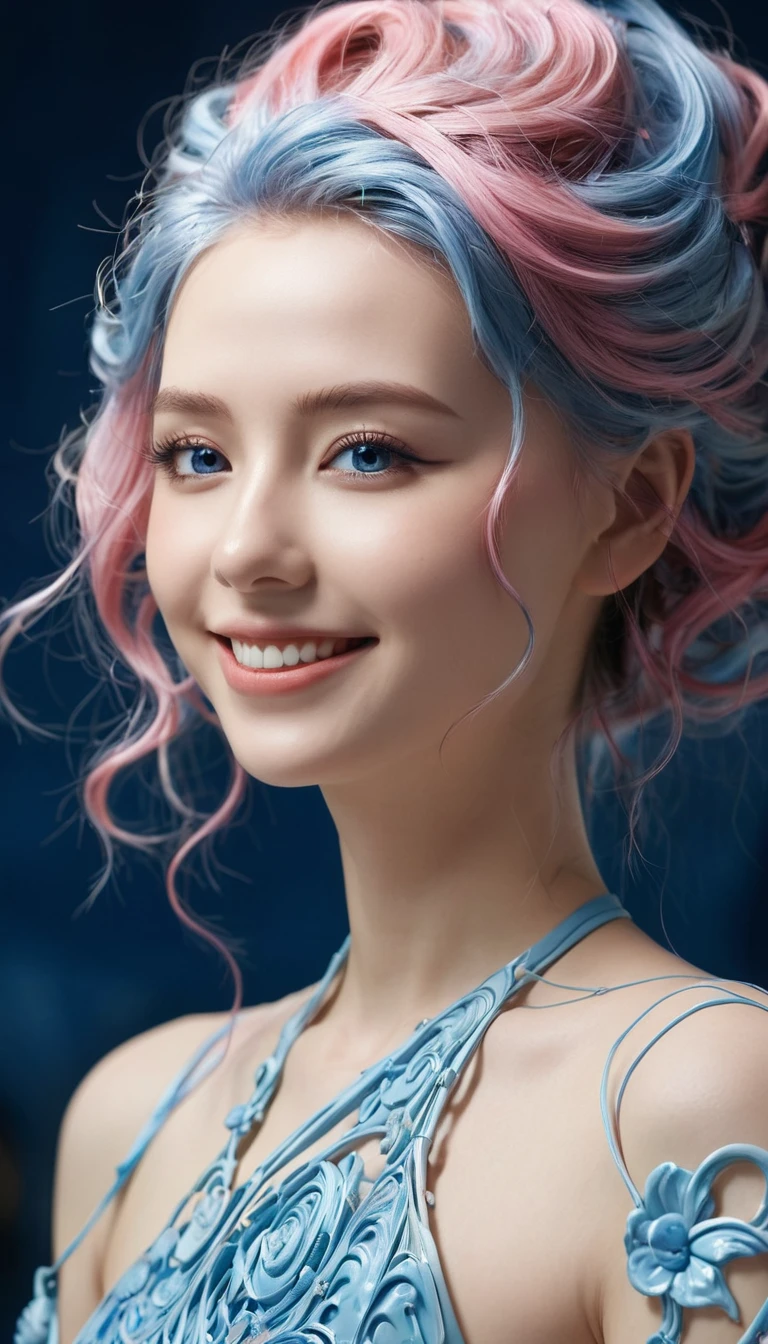 highly detailed, 8K, masterpiece, 1 Girl, blue pink_hair, nude, Smile, (perfect_Face), boundary, close up, BDSM, exist_Back, Gorgeous, complex, Dramatic Lighting, 4K, detailed_Background, Caustic lines, full_Body,  