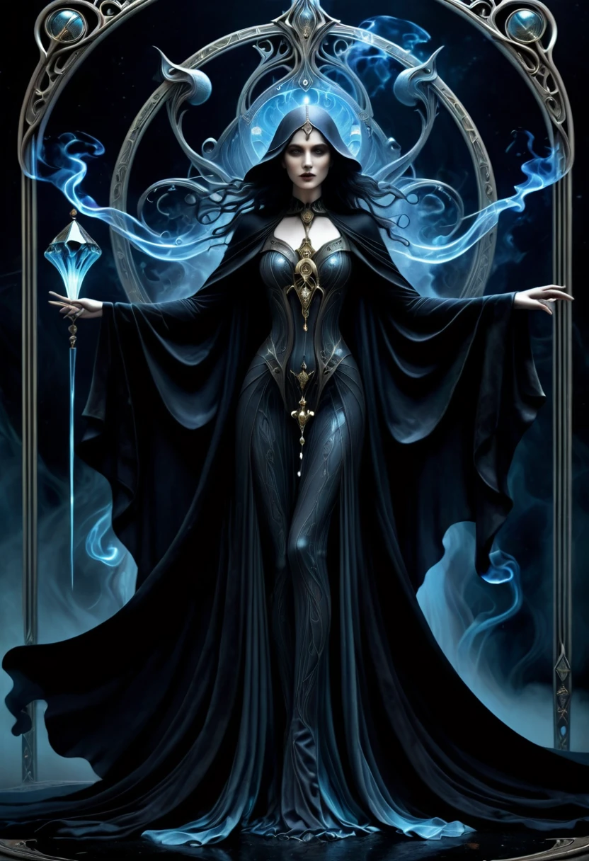 a beautiful darkness goddess, darkness elemental woman crossing through the darkness dimension, dramatic poses, accompanied by two ghostly will-o-wisps, dark onyx crystals, wearing an intricate ghostly mist cape, Hans Ruedi Giger bio-mechanical style, fantasy art nouveau tarot card style, (best quality,4k,8k,highres,masterpiece:1.2),ultra-detailed,(realistic,photorealistic,photo-realistic:1.37),dramatic lighting,vibrant colors,stunning details