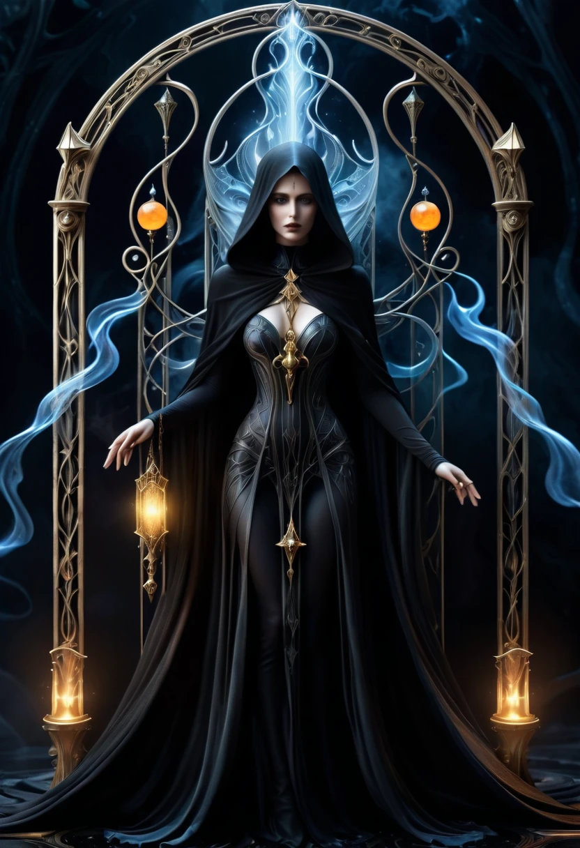 a beautiful darkness goddess, darkness elemental woman crossing through the darkness dimension, dramatic poses, accompanied by two ghostly will-o-wisps, dark onyx crystals, wearing an intricate ghostly mist cape, Hans Ruedi Giger bio-mechanical style, fantasy art nouveau tarot card style, (best quality,4k,8k,highres,masterpiece:1.2),ultra-detailed,(realistic,photorealistic,photo-realistic:1.37),dramatic lighting,vibrant colors,stunning details