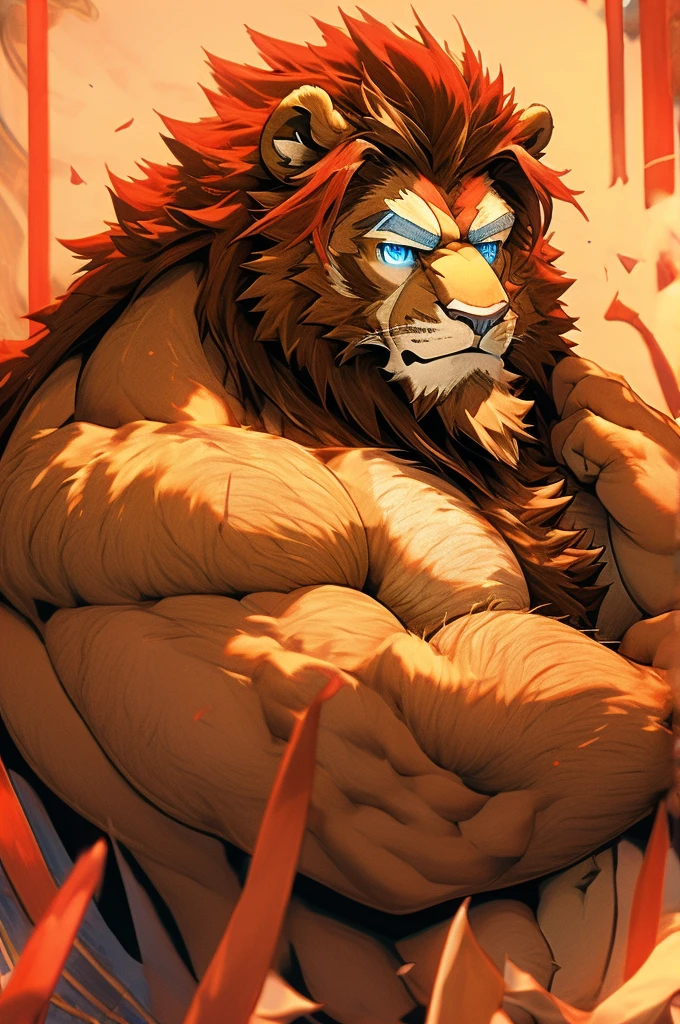 dad lion human, hairy chest, bearded, Big , muscular, Big thighs, handsome, Red hair, light brown skin, erected, Heroic pose, muscular arms, Big muscular chest, detailed light blue eyes
