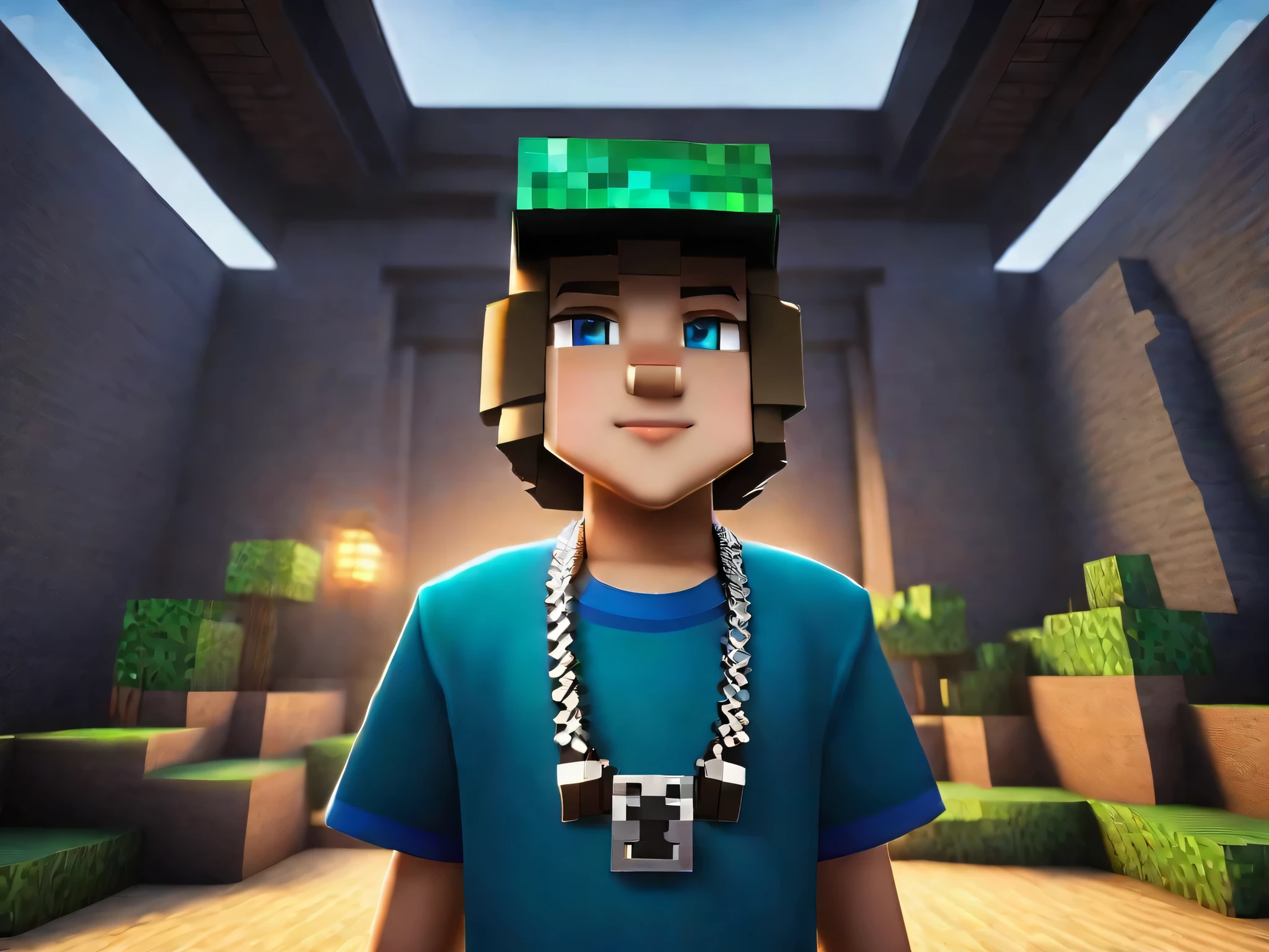 a young boy in minecraft, posing for a photo, pixelated, metal necklace, minecraft rendering, pixelated rendering, minecraft style, minecraft rendered background, detailed, high quality, photorealistic, 8k, intricate details, volumetric lighting, dynamic composition, cinematic lighting, dramatic shadows