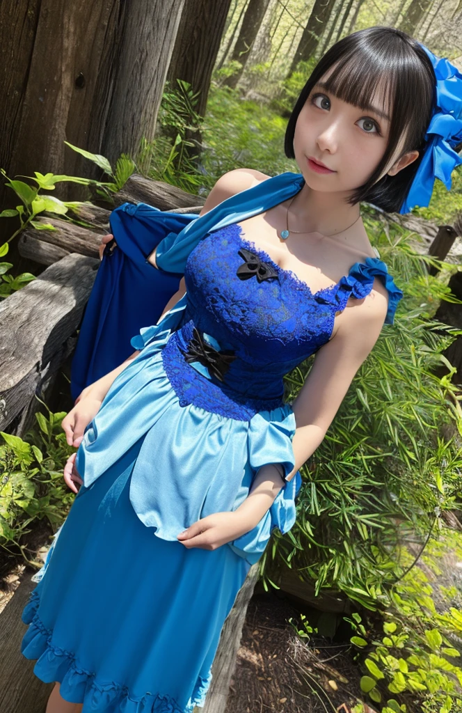 masutepiece, Best Quality, Marianne_timeskip, Blue Dress, Capelet, Dark alpine forest, Standing, Night, Looking Up, Upper body, Detailed face