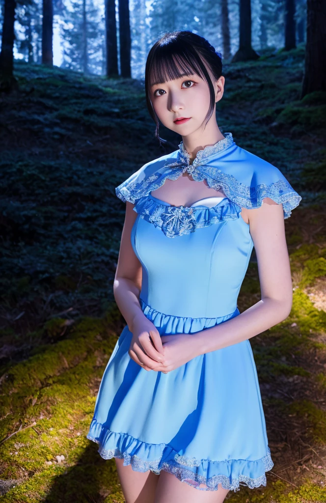 masutepiece, Best Quality, Marianne_timeskip, Blue Dress, Capelet, Dark alpine forest, Standing, Night, Looking Up, Upper body, Detailed face