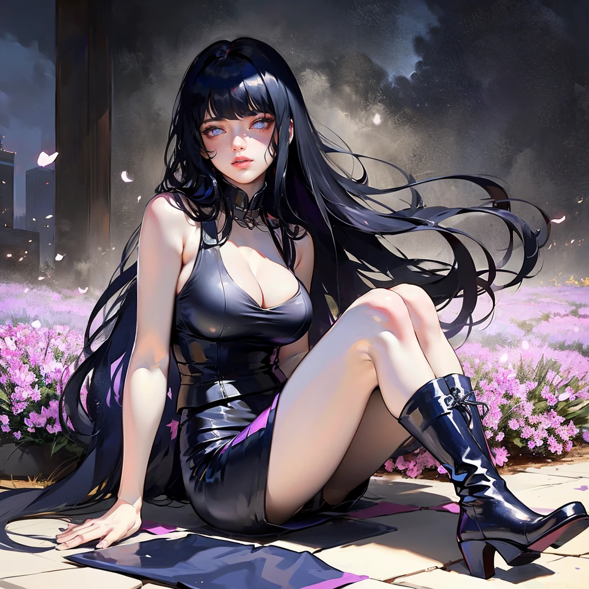 1girl, close up of face, adult, Hinata Hyuga, the last, shy girl, long black hair, blunt bangs, dark hair, Voluminous hair, lavender eyes, no pupils, Lavender Sleeveless Blouse, long black boots, navy blue shorts, Black translucent stockings, holster, bandage on thigh, open sandals, big breasts, wide hips, shapely legs, slim waist, masterpiece, best quality, Professional, realistic.