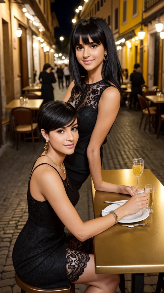 a tall woman, messy short medium black hair with bangs, is dining at a cozy, atmospheric restaurant in Trastevere, Rome. The scene is set at night, with warm lights from the restaurant and the vibrant street life creating a lively and charming ambiance. she is sitting at an outdoor table, wearing a stunning black dress by Alexander McQueen, featuring intricate lace details and a fitted silhouette. She pairs it with elegant Louboutin heels and a chic clutch bag by Valentino. Her short black hair is styled in soft waves, and she’s accessorized with subtle, yet glamorous jewelry. her expression is a blend of contentment and excitement as she enjoys the delicious Italian cuisine. The background captures the essence of Trastevere with its cobblestone streets, bustling crowds, and historic architecture. Camera Type: DSLR, Lens: 50mm f/1.4, Exposure Settings: ISO 800, f/2.0, 1/60s
