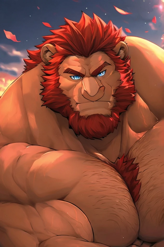 dad lion human, hairy chest, bearded, Big , muscular, Big thighs, handsome, Red hair, light brown skin, erected, Heroic pose, muscular arms, Big muscular chest, detailed light blue eyes
