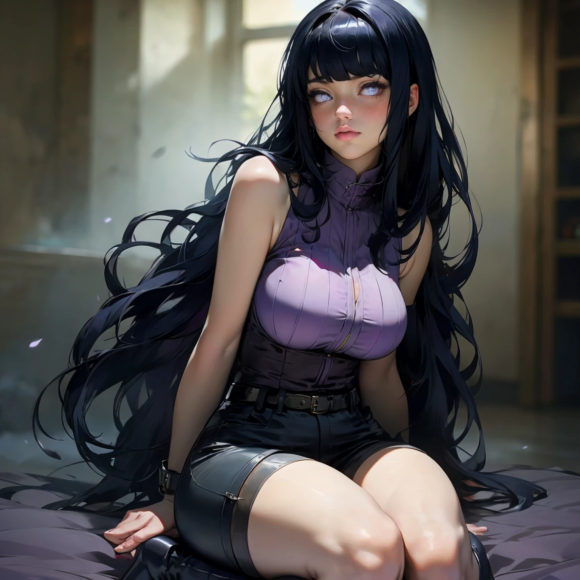 1girl, close up of face, adult, Hinata Hyuga, the last, shy girl, long black hair, blunt bangs, dark hair, Voluminous hair, lavender eyes, no pupils, Lavender Sleeveless Blouse, long black boots, navy blue shorts, Black translucent stockings, holster, bandage on thigh, open sandals, big breasts, wide hips, shapely legs, slim waist, masterpiece, best quality, Professional, realistic.