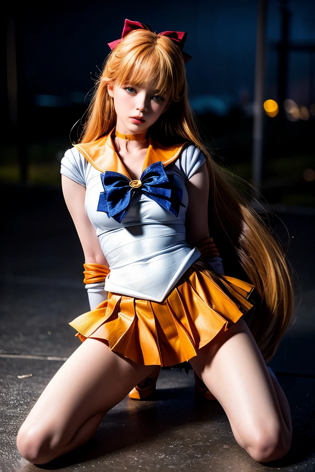 ((very detailed RAW color photo)), ((realistic)), (((1 girl))), (((alone))), (((33 years))), ((athletic)), ((very defined toned physique)), ((very defined and beautiful muscular body)), (((very detailed perfect body))), (((small and defined breasts))), (((ultra defined curves))), (((superior quality, 8k, masterpiece: 1.3)), sharp focus: 1.2, (((extremely beautiful girl with perfect figure: 1.4))), ((very thin waist: 1.2)), ultra detailed skin texture, ((perfect and beautiful hands)), ((smooth and soft skin)), (ultra detailed fabric texture), extremely beautiful ultra detailed face, (((extremely beautiful))), ultra detailed, (((girl wearing Sailor Venus costume))), (((the suit wears miniskirt))), (((extremely long curly blonde hair))), extremely beautiful, (((extra long ponytail with bangs))), ((very detailed and beautiful wolf ears)), (hair on the face), ((hair ribbon)), dynamic pose, ((uniform leaves thighs exposed)), ((ultra detailed and toned legs)), (((ultra detailed waist))), (((very wide hips))), (((very thick and toned thighs))), (sexy), (((extreme hourglass figure))), (((very thick heart lips))), ((red lipstick)), ((ultra detailed lips)), ((ultra detailed blue eyes)), ((angry look)), (((staring at the viewer))), ultra detailed provocative mouth, extremely beautiful seductive lips, ((blushing)), (makeup), (((ultra defined waist))), eye shadow, (full body shot), starry night, night sky, stars, full moon, galaxies and nebulae, snow