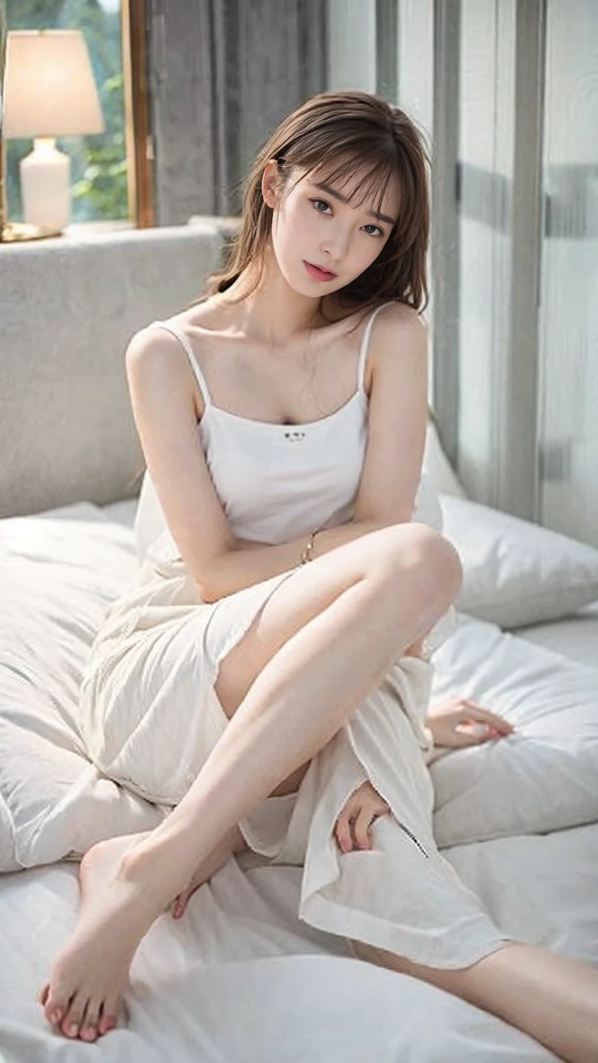 (((Highest quality,Very detailed,masterpiece,Very detailed))) ,(((Bend your knees))),loose breast,See-through,camisole,one piece,barefoot,One Girl,Realistic,Lying down,Bedroom、Looks sleepy