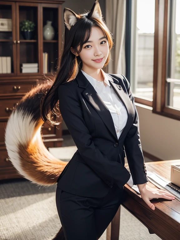 ((Highest quality, 32k)), ((masterpiece)), (Familiar), Perfect Face, Fox Girl, Pretty girl, Office Lady, indoor, Has one tail, She has a northern fox tail, She stretches out her fluffy tail, Beautiful hip line, Thick thighs, She is wearing a business suit, stick your buttocks out to the front, A large tail sticks out, Waving his tail happily, She only has one tail, Smiling Kindly