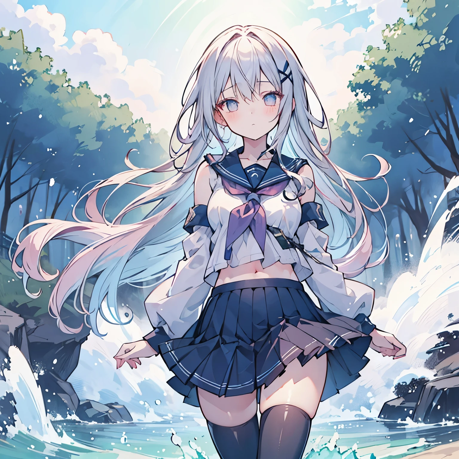 1girl, , jk, serafuku, detached sleeves, zettai ryouiki, navel, full body, flowing hair, standing outdoors, daytime, dull eyes, sensual face, calm expression, cute, endearing face, (kawaii), soft lighting, relaxed atmosphere, detailed eyes, beautiful eyes, serene, simple background, masterpiece, detailed hair, soft skin, best quality, pastel colors, 8k, wallpaper, illustration