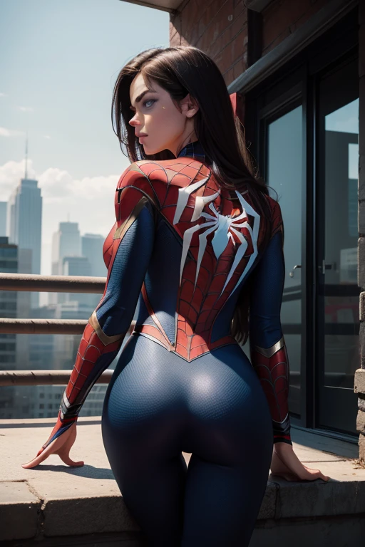 (Masterpiece, 4k resolution, ultra-realistic, very detailed), (White superhero theme, charismatic, there's a of town, wearing Spider-Man costume, she's a superhero), [ ((25 years), (long hair:1.2), full body,showing buttocks, (s:1.2), ((Spider-Man pose),show of strength, ((sandy urban environment):0.8)| (cityscape, Explanation: The Prompt mainly describes a 4K painting of ultra-high definition, very realistic, very detailed. It shows a superheroine at the top of the city, wearing a Spider-Man costume.
