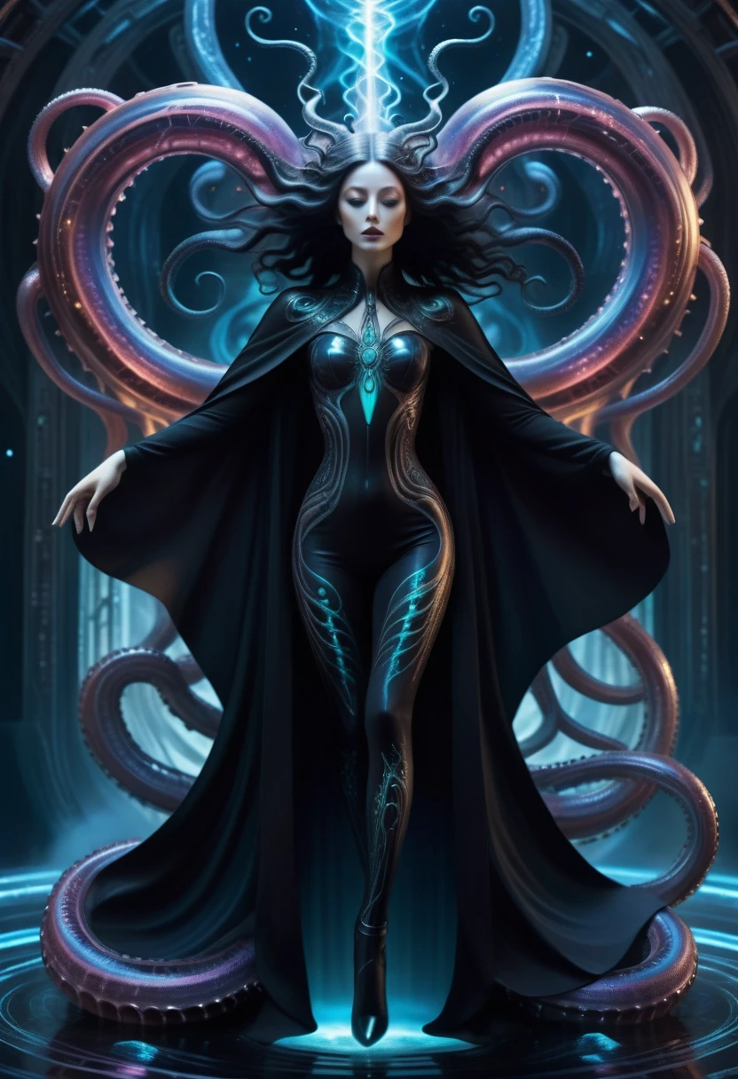 a beautiful void goddess, void elemental woman floating in the void dimension, dramatic poses, ghostly lovecraftian tentacles, intricate flowing bodysuit, wearing a nebulae like cape, Hans Ruedi Giger bio-mechanical style, fantasy art nouveau tarot card style, (best quality,4k,8k,highres,masterpiece:1.2),ultra-detailed,(realistic,photorealistic,photo-realistic:1.37),dramatic lighting,vibrant colors,stunning details