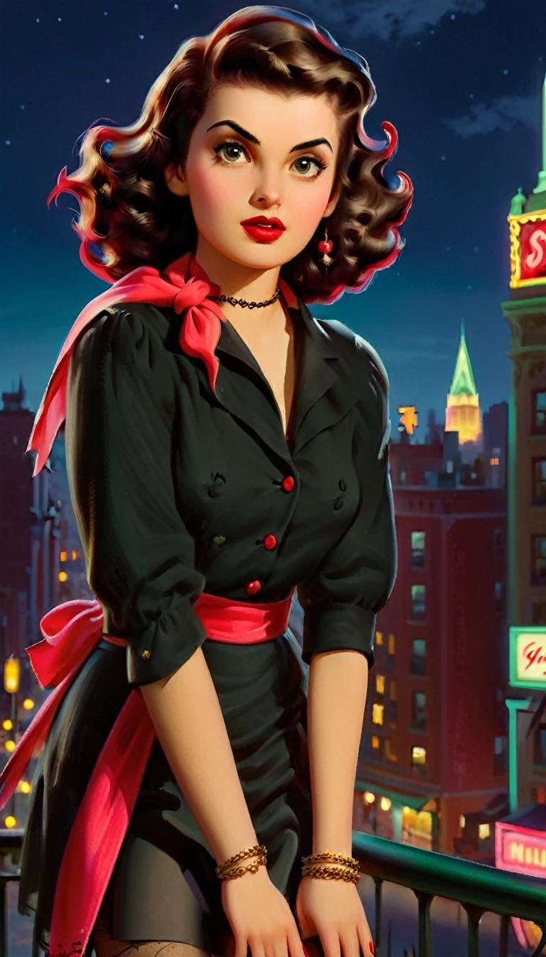 /imagine prompt: A young woman, 19 years old, embodying a stylish vampire hunter in 1950s New York, her short black wavy hair framing her determined face, the red headscarf adding a pop of color to her pin-up ensemble, set against the backdrop of a retro cityscape with neon lights and shadows, capturing the essence of her nocturnal pursuit, Photography, using a portrait lens to focus on her intense gaze and vintage-inspired fashion, --ar 16:9 --v 5