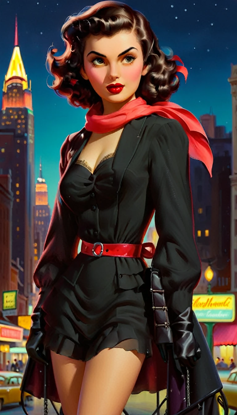 /imagine prompt: A young woman, 19 years old, embodying a stylish vampire hunter in 1950s New York, her short black wavy hair framing her determined face, the red headscarf adding a pop of color to her pin-up ensemble, set against the backdrop of a retro cityscape with neon lights and shadows, capturing the essence of her nocturnal pursuit, Photography, using a portrait lens to focus on her intense gaze and vintage-inspired fashion, --ar 16:9 --v 5