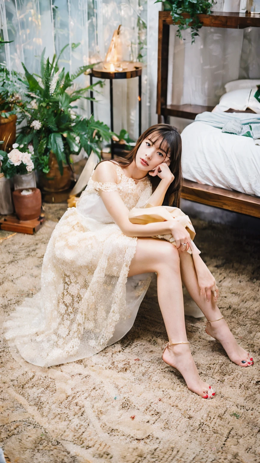 (((Highest quality,Very detailed,masterpiece,Very detailed))) ,(((Bend your knees))),loose breast,See-through,camisole,one piece,barefoot,One Girl,Realistic,Lying down,Bedroom、Looks sleepy