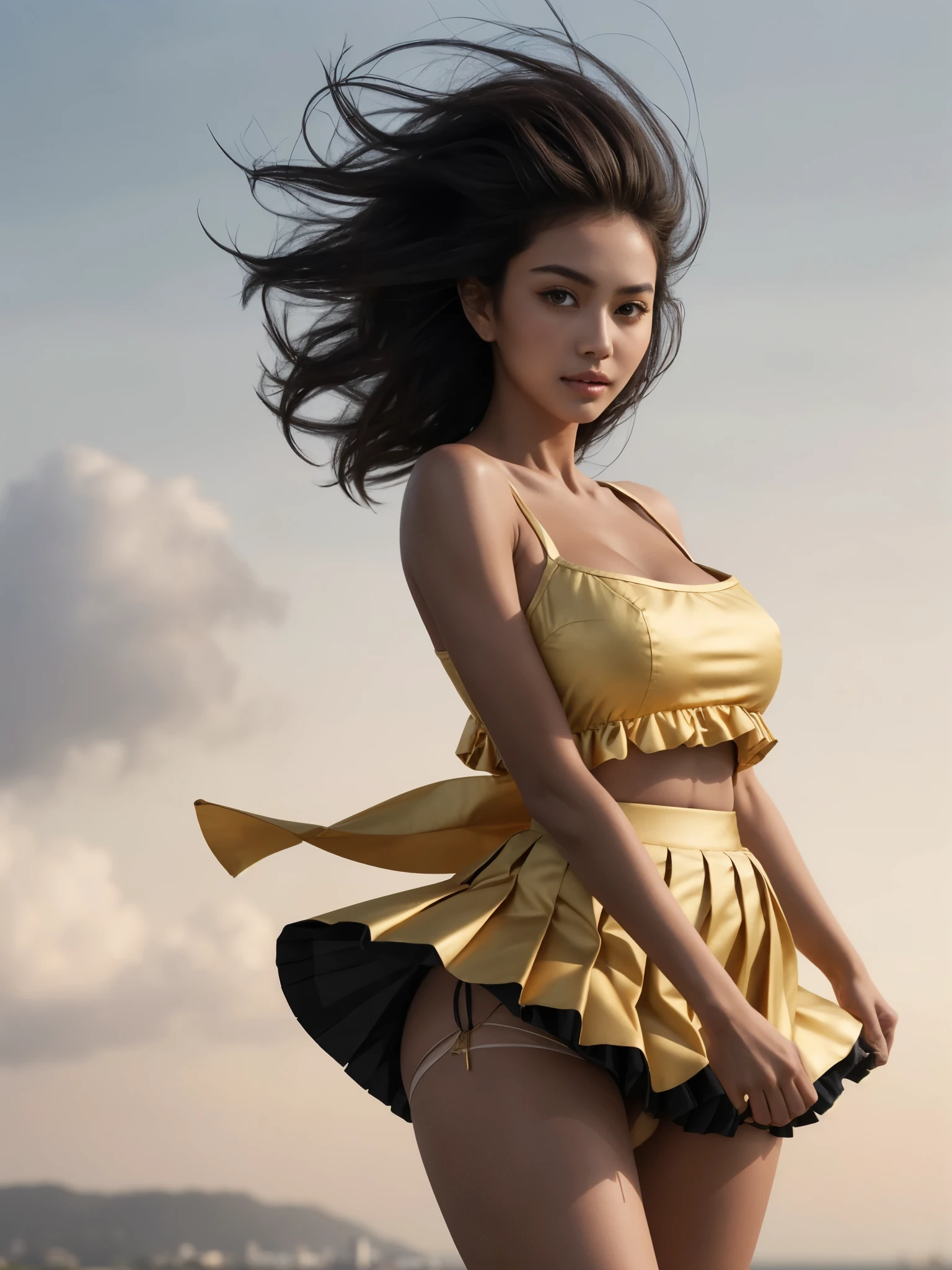 1girl, thighs, (pleated micro skirt:1.2), (windswept:1.4), panties, detailed face, looking at viewer, ((tan skin:1.25):gold skin), warm skin undertone, thais, huge breasts, legs, medium wide shot, 