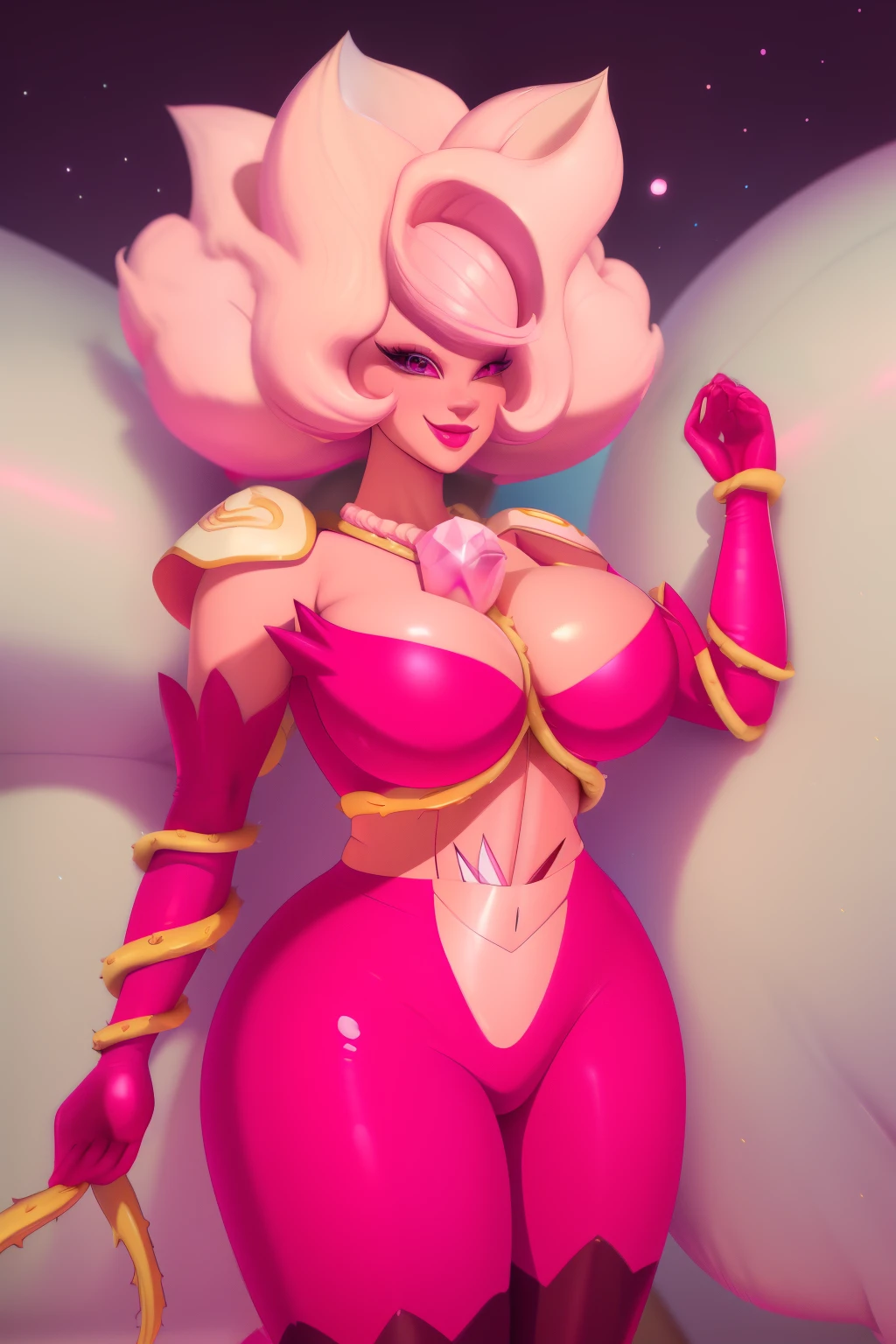 pnkdamond, pink hair, pink eyes,  big hair,  stomach gem,  pink skin,  toned, 
puffy short sleeves, elbow gloves ,  white thighhighs,   puffy dress, 
standing, upper body, 
 outerspace,  
(insanely detailed, beautiful detailed face,beautiful detailed eyes, masterpiece, best quality) cinematic lighting,  smile, 
 