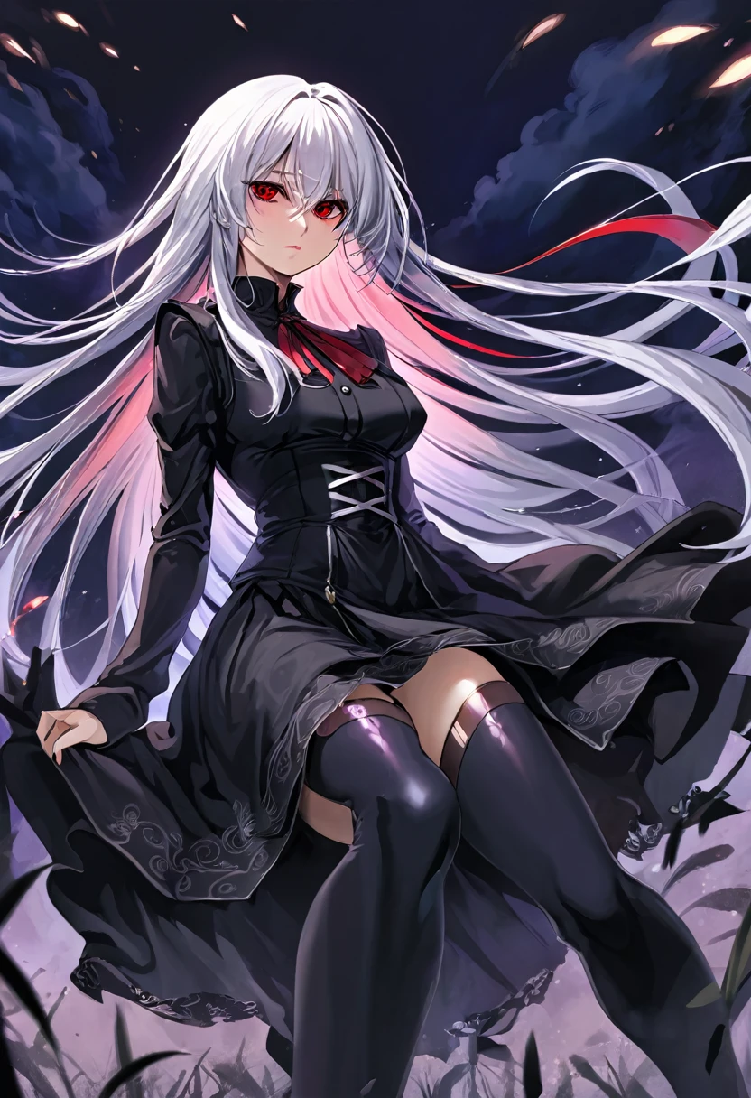 Girl, 20 years old, with long white hair down to below her waist, a serious yet tender expression, and red eyes. Her hair features black streaks. She wears antique-style clothing, a long black dress with a slit on the legs, and high black boots that almost reach her knees. Her power and background are related to shadows and darkness. dark escense, figth stance