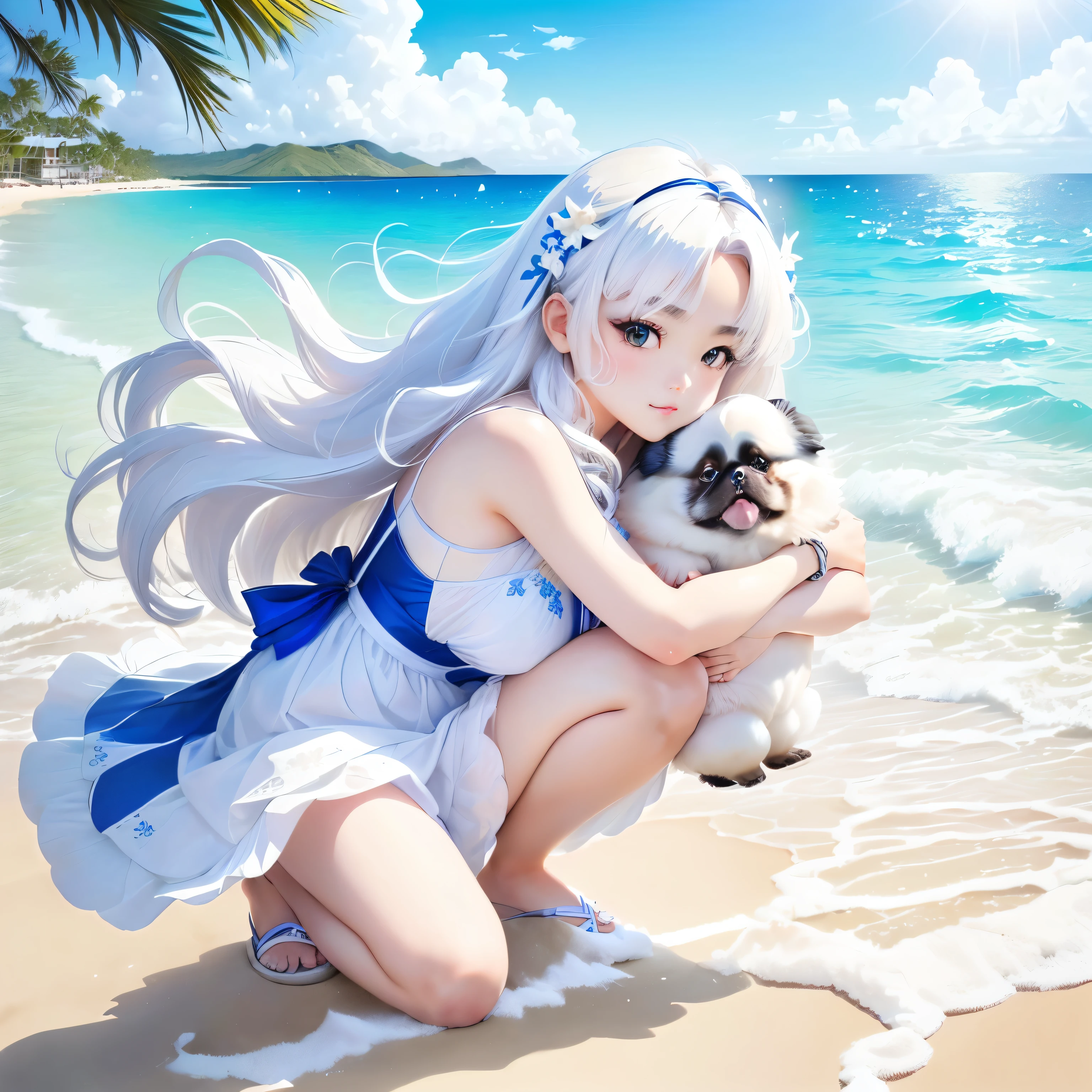 ((masterpiece)),(((best quality))), 1woman, female, fantasy magical outfit, Scandinavian, cute bob-cut hair, white hair, blue eyes, short skimpy clothes, white and blue sleeveless top, keyhole in top exposing breasts, exposed bare stomach, white and blue iridescent skirt with blue bow, brown winter boots topped with white fur, loose sleeves with golden cuff, blue night sky cape topped with white fur, blue gems, happy, woman is hugging a plush white wolf, lounging, cuddling the plush, very happy, icy background