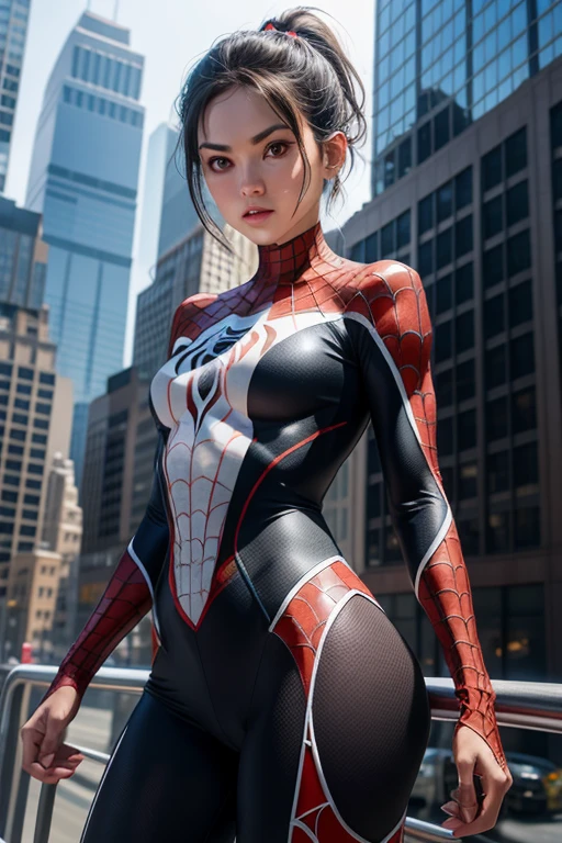 spider gwen suit, spiderweb print, spiderweb, spiderman, masterpiece, absurd, small details, HDR, ((highly detailed face and eyes)), realistic,, full body, showing buttocks,focus on the eyes,, A girl standing on the roof of a skyscraper, looking at the viewer,black hair, girl focus,(ponytail), earrings, , new york buildings background,(Pause＿random)