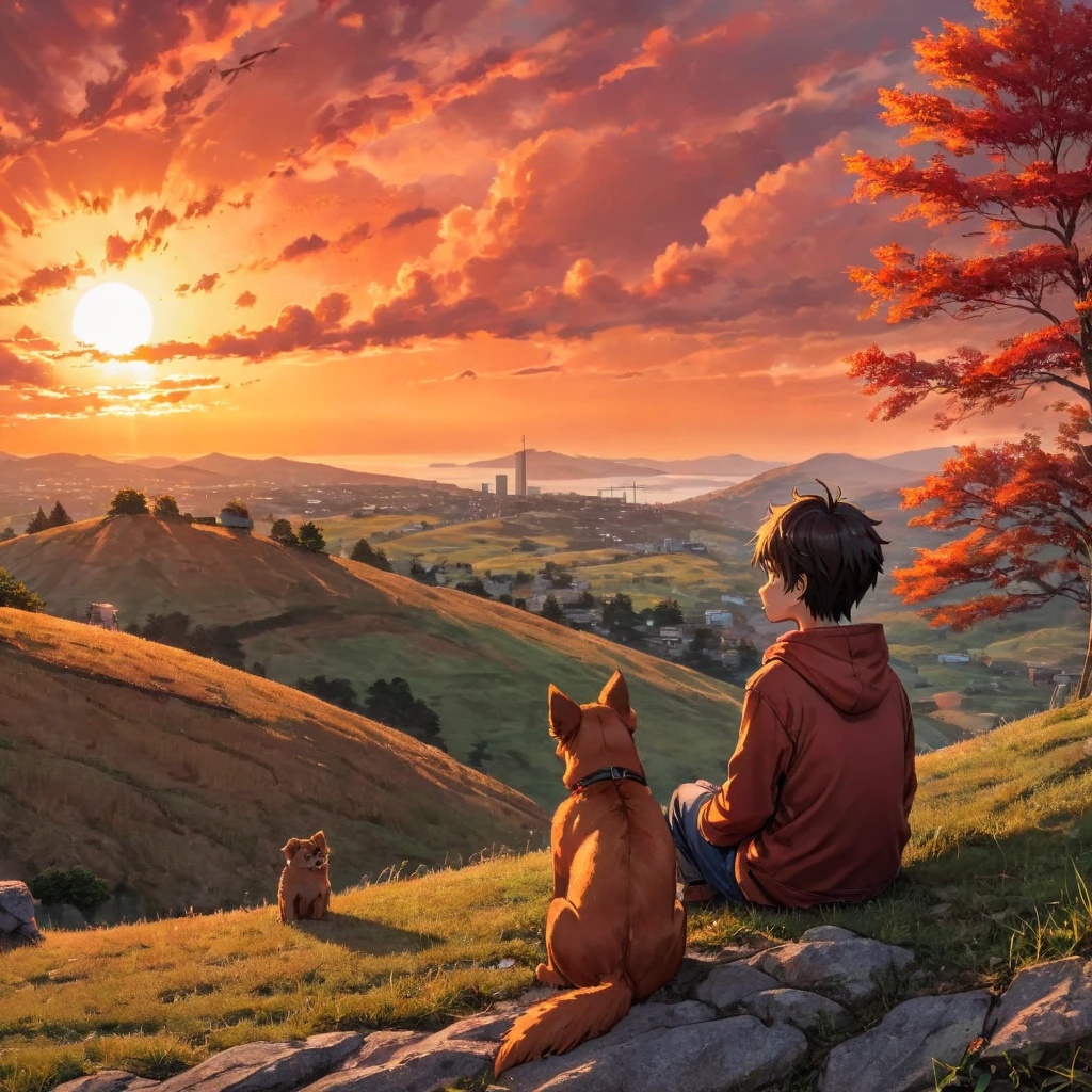 high quality, 8K Ultra HD, great detail, masterpiece, an anime style digital illustration, anime landscape of a boy with his dog sitting on a hill, looking at a hellish orange and red sunset, anime nature wallpapers with a serene sky, anime beautiful scene, beautiful anime peace scene, Makoto Shinkai Cyril Rolando, beautiful anime scene, amazing wallpaper, anime art wallpaper 8k, anime background, art anime background, wallpaper 4k anime screen, 4k anime art wallpaper, 4k anime art wallpaper,