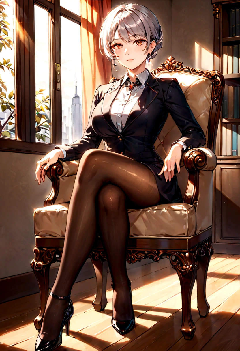 Crossed legs,Office,Pantyhose, rays of light, elegance face,mature face