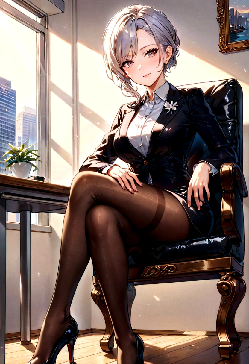 Crossed legs,Office,Pantyhose, rays of light, elegance face,mature face