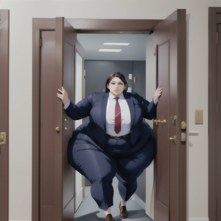 masterpiece, 1girl behind a doorway, from front, (doorstuck, stuckfront:1.3), huge hips, round belly, thick thighs, colorful clothing, wearing suit and tie and formal pants, upset, desperately trying to wiggle through, she kicks her legs franticly, she is stuck tight view from behind