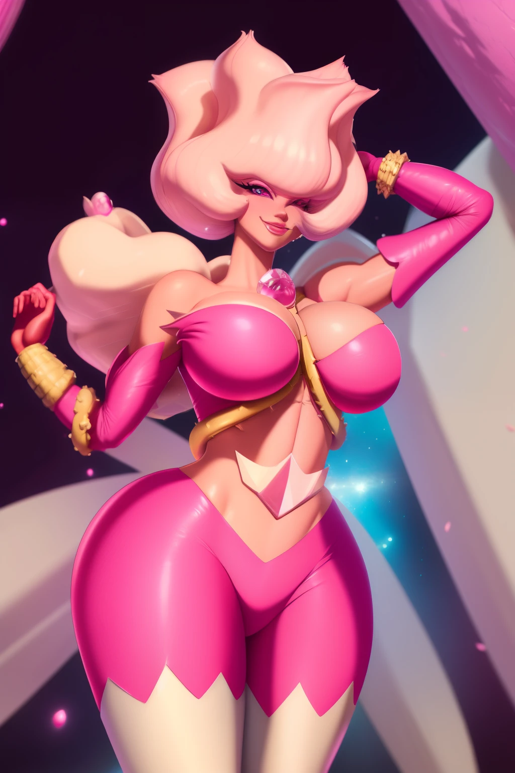 pnkdamond, pink hair, pink eyes,  big hair,  stomach gem,  pink skin,  toned, 
puffy short sleeves, elbow gloves ,  white thighhighs,   puffy dress, 
standing, upper body, 
 outerspace,  
(insanely detailed, beautiful detailed face,beautiful detailed eyes, masterpiece, best quality) cinematic lighting,  smile, 
 