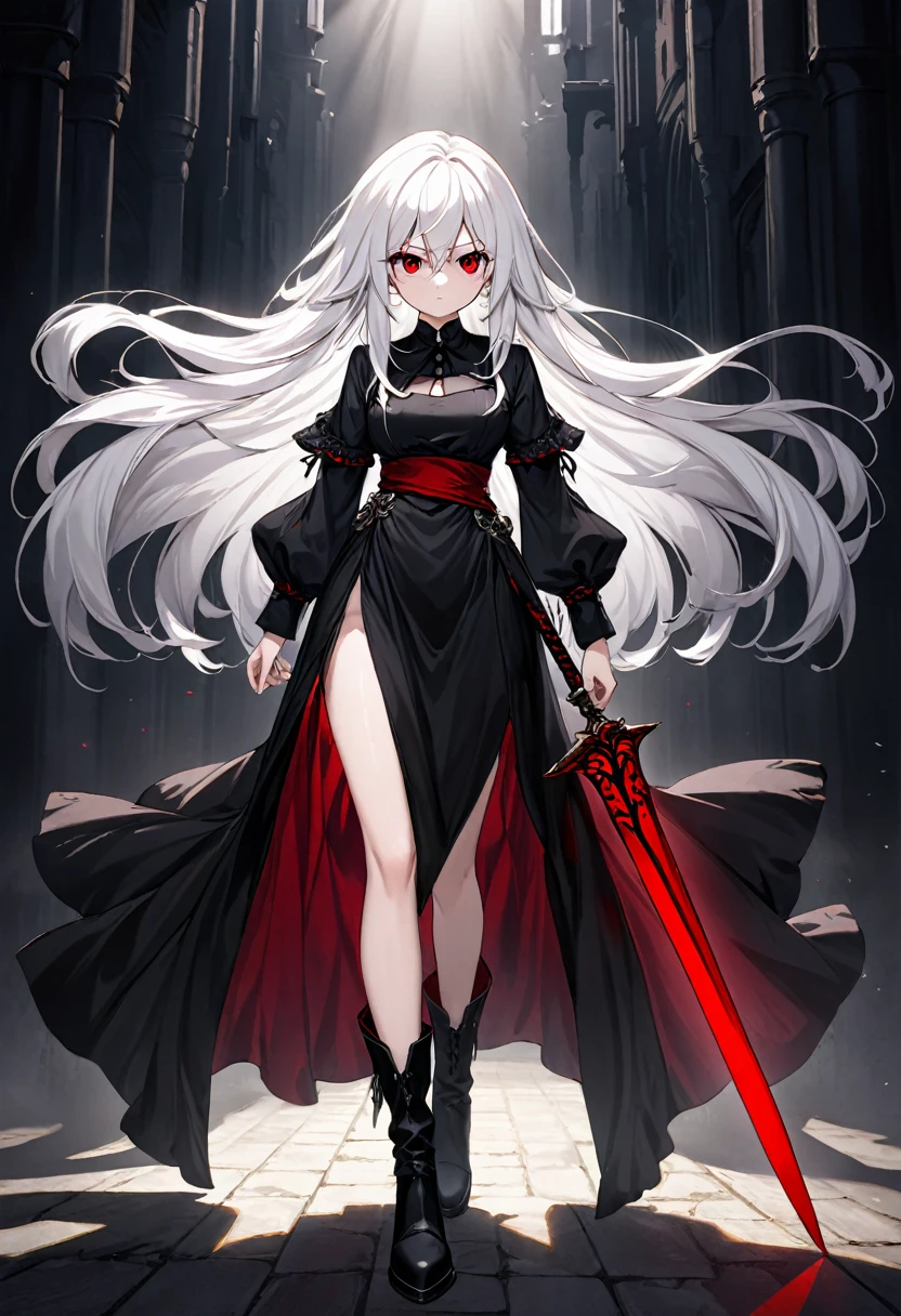 Girl, 20 years old, with long white hair down to below her waist, a serious yet tender expression, and red eyes. Her hair features black streaks. She wears antique-style clothing, a long black dress with a slit on the legs, and high black boots that almost reach her knees. Her power and background are related to shadows and darkness. dark escense, figth stance