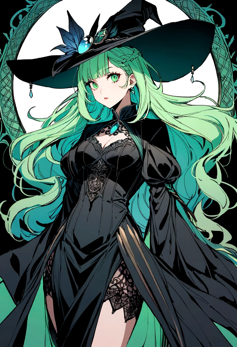 a close up of a person wearing a hat and dress, flirty anime witch casting magic, gothic maiden anime girl, anime girl with long hair, fashionable dark witch, in a cloak with long hairs, anime girl wearing a black dress, dark witch character, marin kitagawa fanart, witch academia, with a green cloak, witch girl, classical witch