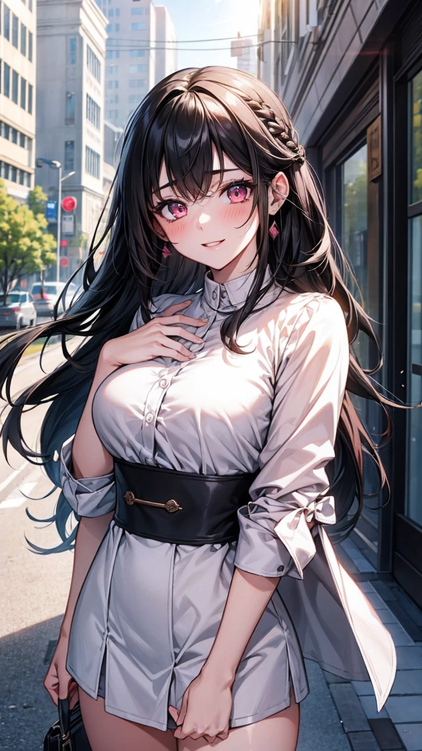 masterpiece, (best quality), 1woman,1girl ,1boy,,katherine,    pink hair,  long hair, brown hair,   purple eyes ,sweater, white shirt, pants, shirt, long sleeves,     medium breasts,,sexy woman, embarrassed,blush,   , vibrant colors ,,natural lighting  ,RTX,  , beautiful, (detailed face:1.2), showcase, (perfect eyes:1.1) ,(photorealistic:1.1), 8k uhd,  looking at viewer,  outdoors,  simple backround