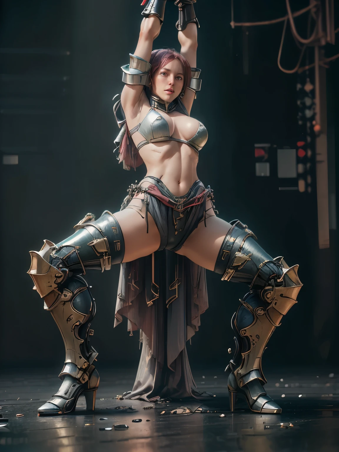 (Highest quality, 8K, High resolution, Realistic:2.0),(Squat down with both knees raised、Spread your legs:1.5),(Raise your arms behind your head:1.5), 1 person,female,30 years old,Bikini Armor,Warrior,((whole body)),((8 heads)),(((Super big breasts))),((muscle)),short hair,Fantasy,Abandoned Factory,Pauldrons,Gauntlets,Waist armor,Large armor around the waist,Extremely small waist,Stocky lower body,Huge hips, underboob,