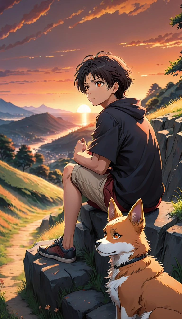 high quality, 8K Ultra HD, great detail, masterpiece, an anime style digital illustration, anime landscape of a boy with his dog sitting on a hill, looking at a hellish orange and red sunset, anime nature wallpapers with a serene sky, anime beautiful scene, beautiful anime peace scene, Makoto Shinkai Cyril Rolando, beautiful anime scene, amazing wallpaper, anime art wallpaper 8k, anime background, art anime background, wallpaper 4k anime screen, 4k anime art wallpaper, 4k anime art wallpaper,