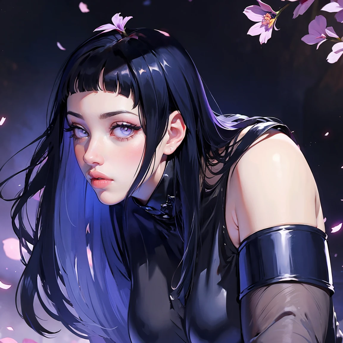 1girl, close up of face, adult, Hinata Hyuga, the last, shy girl, long black hair, blunt bangs, dark hair, Voluminous hair, lavender eyes, no pupils, Lavender Sleeveless Blouse, long black boots, navy blue shorts, Black translucent stockings, holster, bandage on thigh, open sandals, big breasts, wide hips, shapely legs, slim waist, masterpiece, best quality, Professional, realistic.