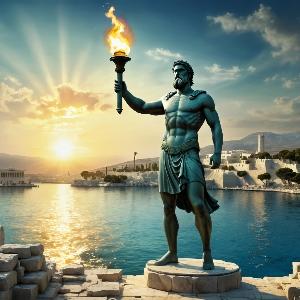 there is a statue of a man holding a torch in front of a body of water, Colossus of Rhodes, the Colossus of Rhodes, panorama of grega fantasy, epic scene of Zeus, greek god, ancient greek city, digital painting of greek myth, mount olympus, Statue of Zeus, Poseidon, olympian god, pisoteando uma cidade antiga, an ancient city on fire, greek mithology, with several boats and rpg caravels