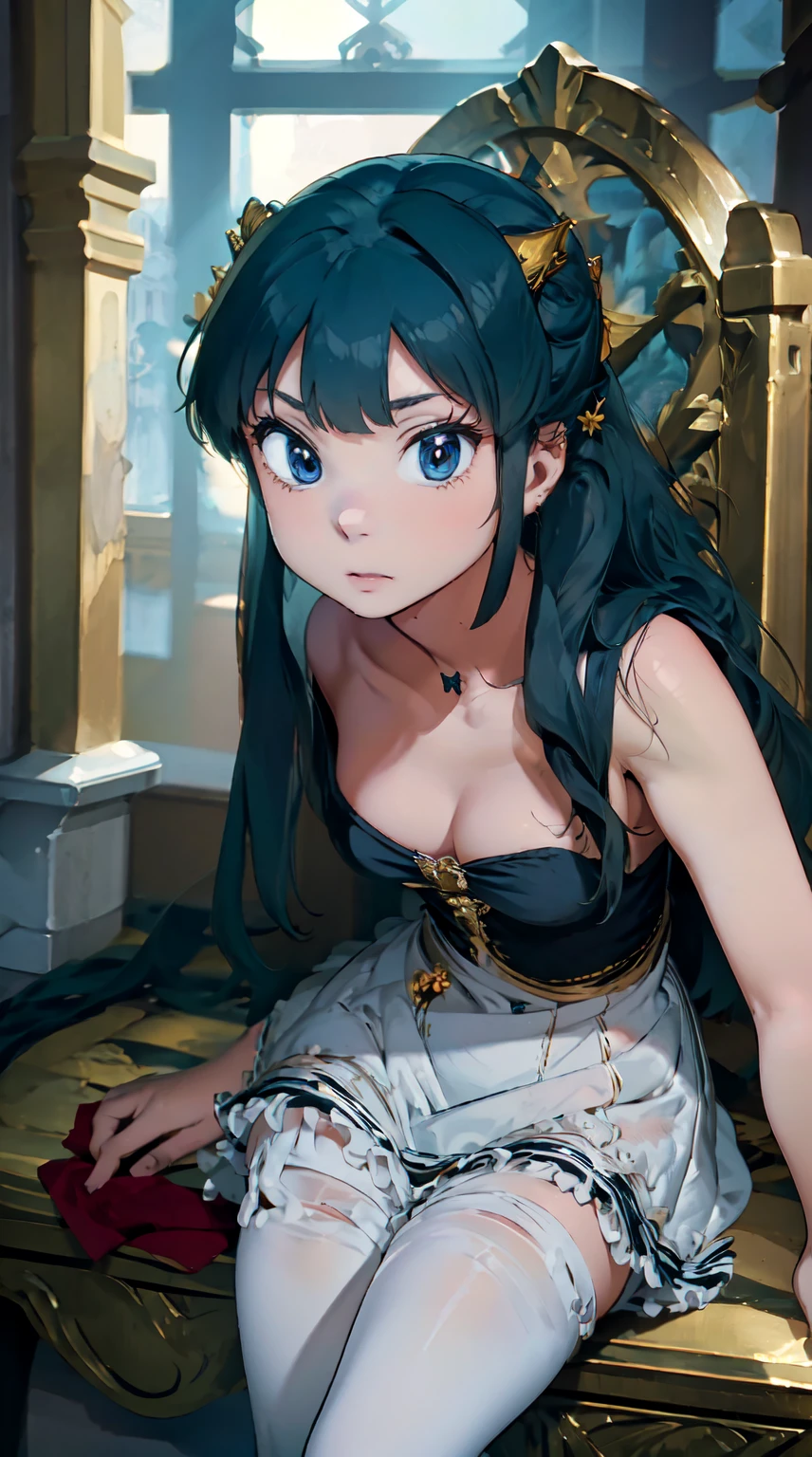 lum, solo, long hair, bangs, blue hair, blue eyes, horns, (The highest image quality, master piece:1.2), (Ultra Definition Illustration), (very cute little princess:1.3), (1 girl:1.2), (shoot from below), (condescending look) (NSFW:1.3), embarrassed, gorgeous red sleeveless queen dress, sitting on the throne chair, queen crown, showing panties, Armpits, (white thigh high pantyhose:1.2), Spiteful face, Luxurious palace rooms, Fancy Room, RPG Royale, spread legs, Beautiful legs,