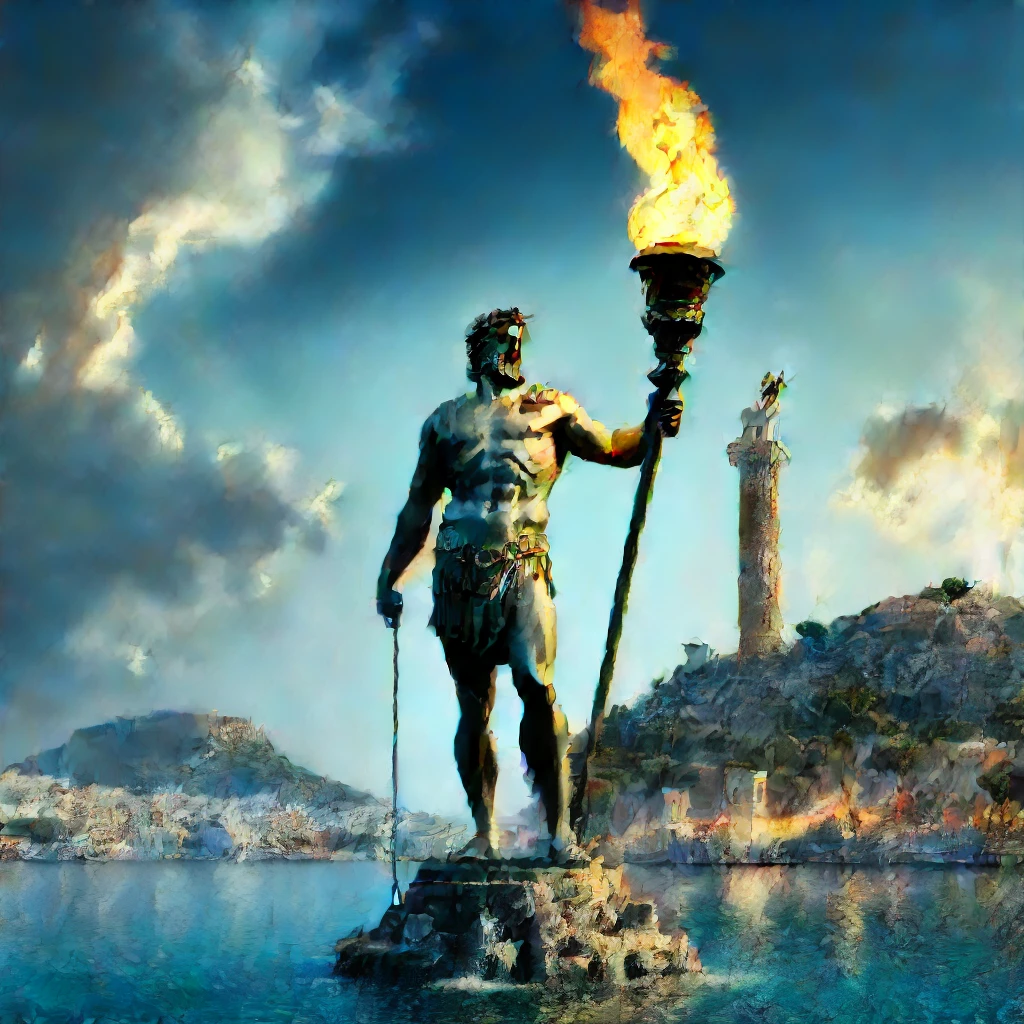 there is a statue of a man holding a torch in front of a body of water, Colossus of Rhodes, the Colossus of Rhodes, panorama of grega fantasy, epic scene of Zeus, greek god, ancient greek city, digital painting of greek myth, mount olympus, Statue of Zeus, Poseidon, olympian god, pisoteando uma cidade antiga, an ancient city on fire, greek mithology, several boats and caravels.