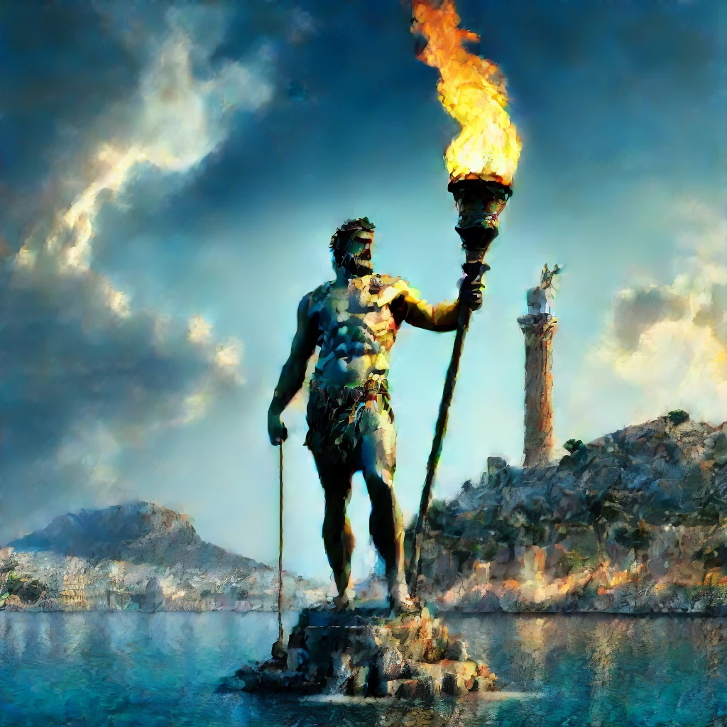 there is a statue of a man holding a torch in front of a body of water, Colossus of Rhodes, the Colossus of Rhodes, panorama of grega fantasy, epic scene of Zeus, greek god, ancient greek city, digital painting of greek myth, mount olympus, Statue of Zeus, Poseidon, olympian god, pisoteando uma cidade antiga, an ancient city on fire, greek mithology, several boats and caravels.