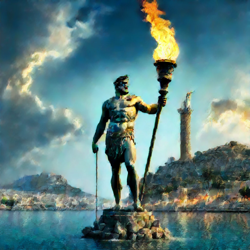 there is a statue of a man holding a torch in front of a body of water, Colossus of Rhodes, the Colossus of Rhodes, panorama of grega fantasy, epic scene of Zeus, greek god, ancient greek city, digital painting of greek myth, mount olympus, Statue of Zeus, Poseidon, olympian god, pisoteando uma cidade antiga, an ancient city on fire, greek mithology, several boats and caravels.