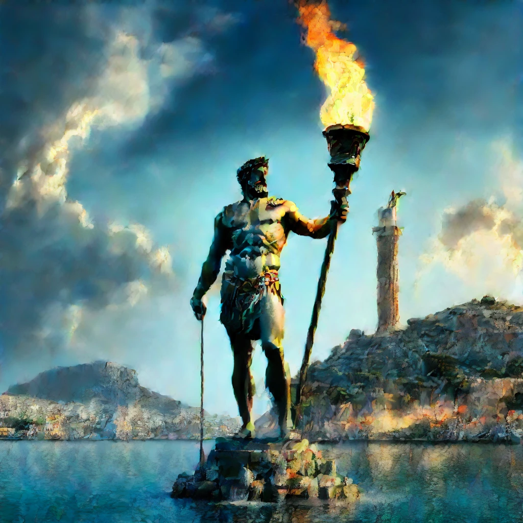 there is a statue of a man holding a torch in front of a body of water, Colossus of Rhodes, the Colossus of Rhodes, panorama of grega fantasy, epic scene of Zeus, greek god, ancient greek city, digital painting of greek myth, mount olympus, Statue of Zeus, Poseidon, olympian god, pisoteando uma cidade antiga, an ancient city on fire, greek mithology, several boats and caravels.