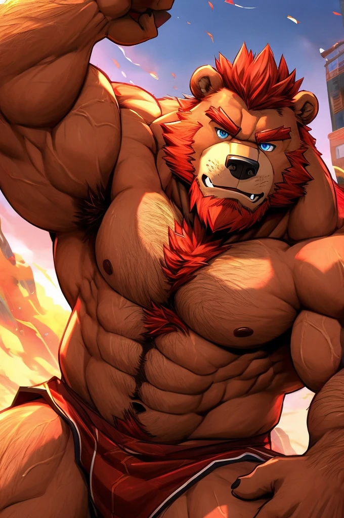 dad bear , hairy chest, bearded, Big , muscular, Big thighs, handsome, Red hair, light brown skin, erected, Heroic pose, muscular arms, Big muscular chest, blue eyes
